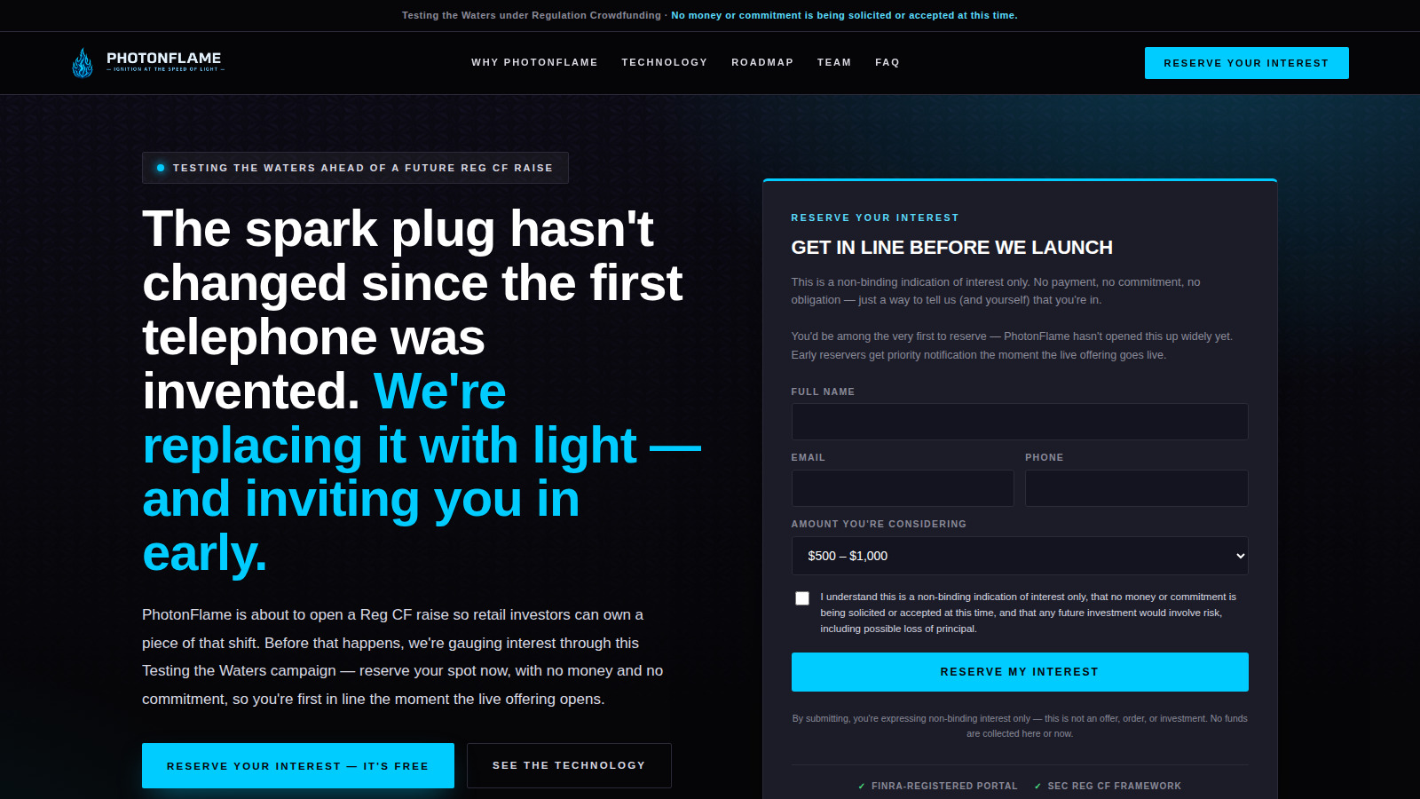 Photon Flame Test the Waters campaign landing page